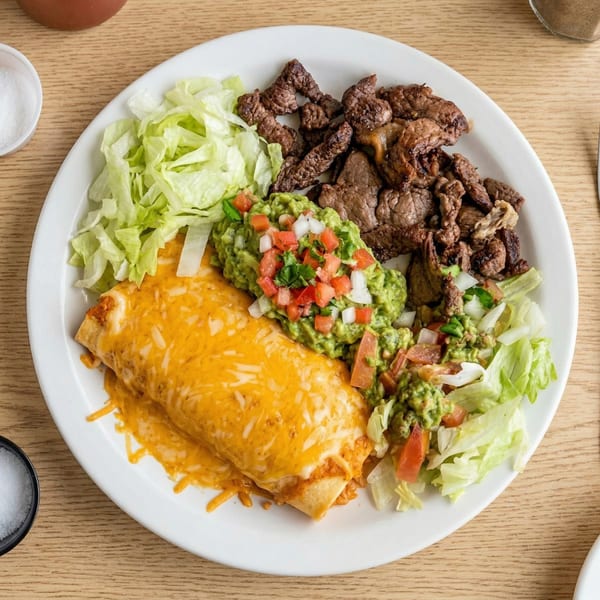 A large plate of Mexican food with a cheesy burrito, steak, guacamole, and shredded lettuce.