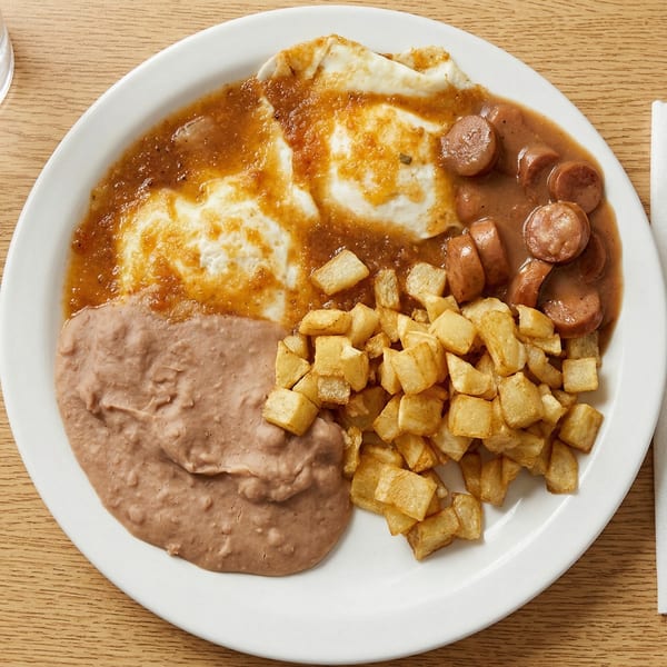 Breakfast plate with fried eggs, sausage, refried beans, and diced potatoes on a white plate.