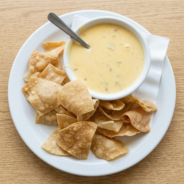 A white bowl of creamy queso dip with a spoon, surrounded by crispy tortilla chips on a white plate.