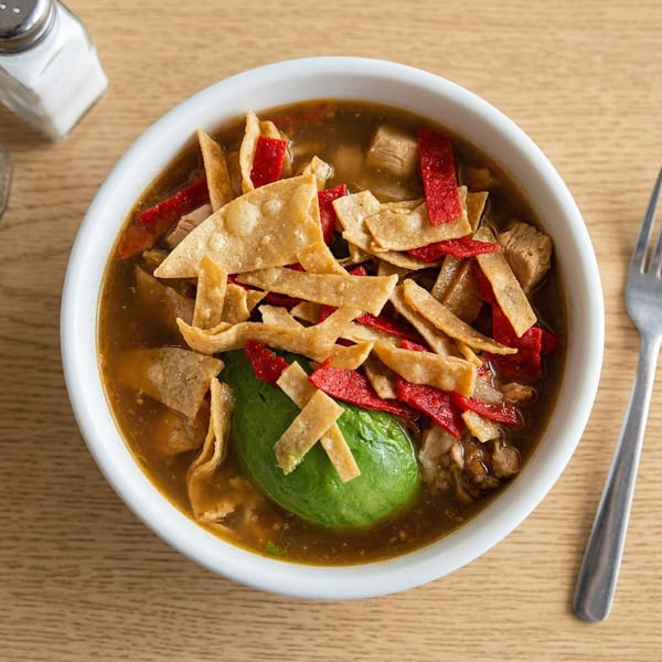 Overhead view of a bowl of tortilla soup with avocado, red and yellow tortilla strips.