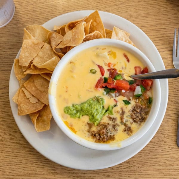 Queso dip with ground beef, guacamole, pico de gallo, and tortilla chips on a wooden table.