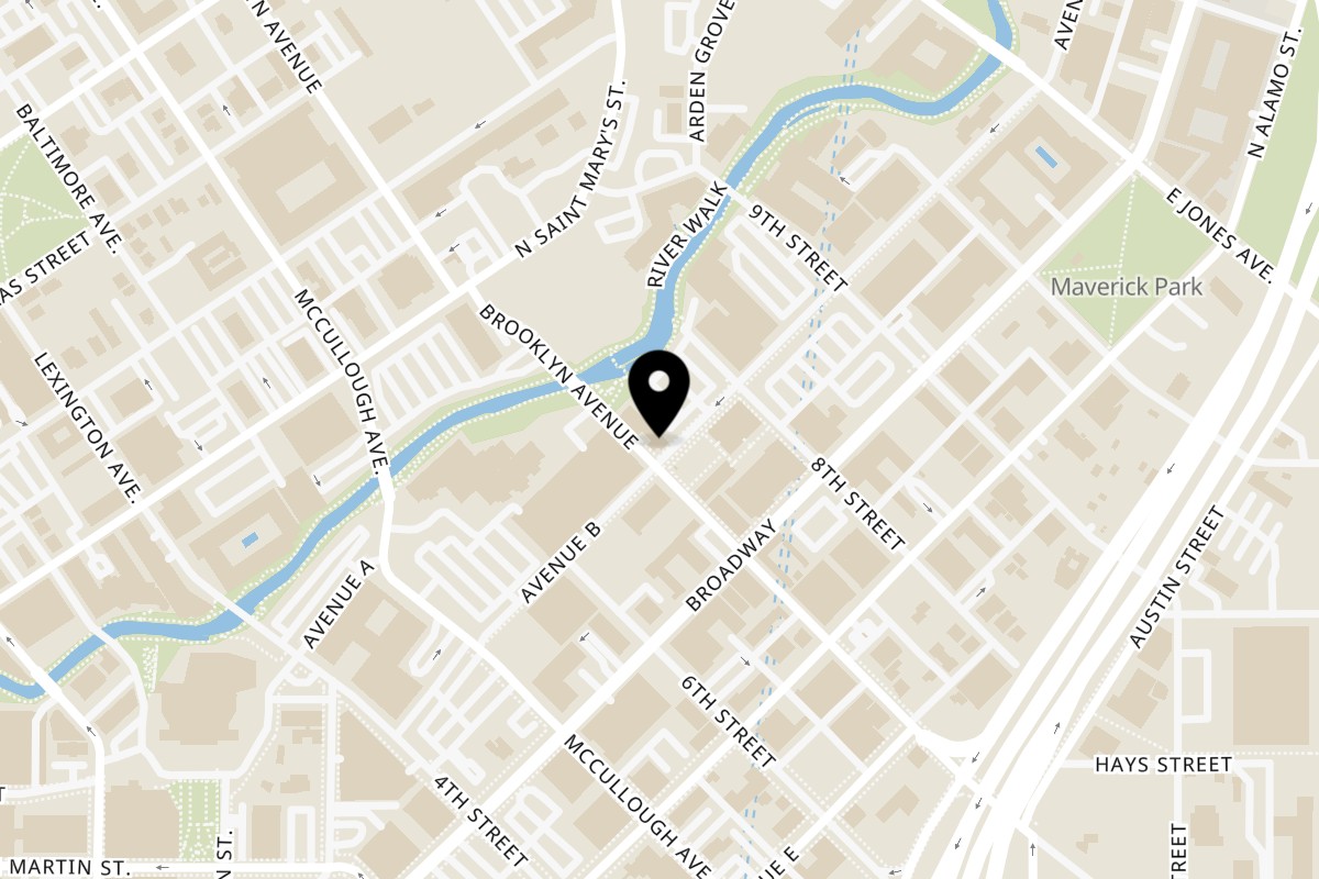 Map showing the location of Pete's Tako House on 502 Brooklyn Ave in San Antonio